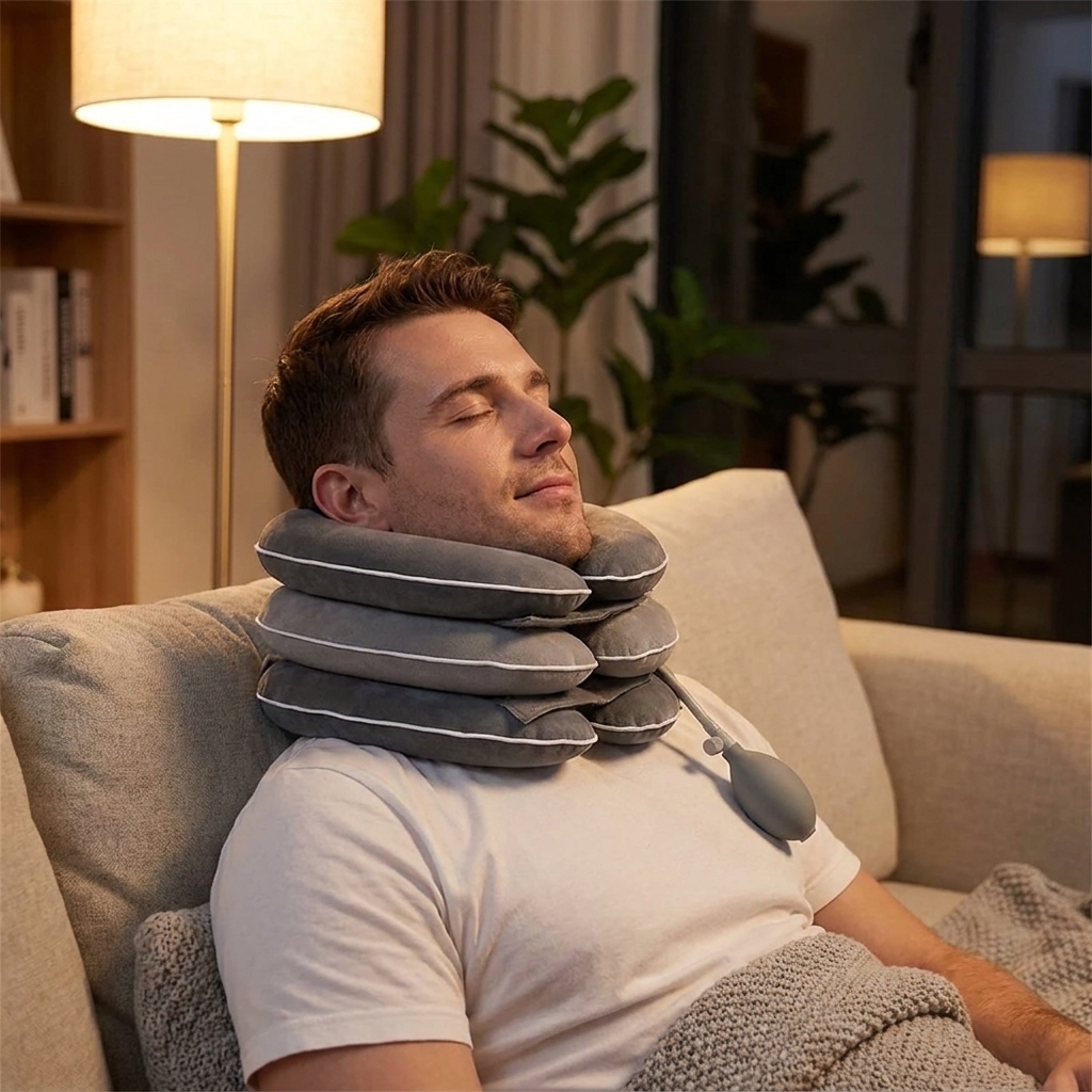 Man relaxing on the sofa using the neck collar