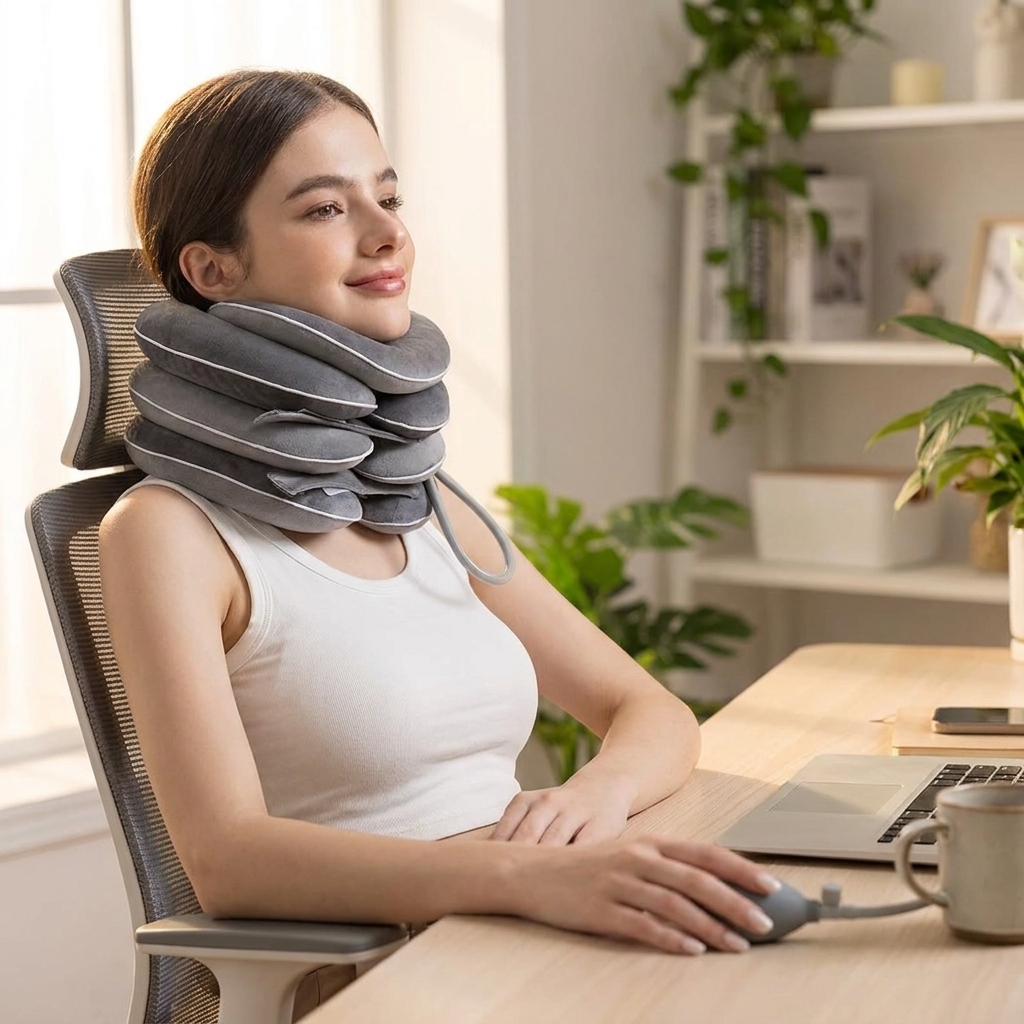 Woman relaxing at her desk wearing the FlexFit neck-traction collar